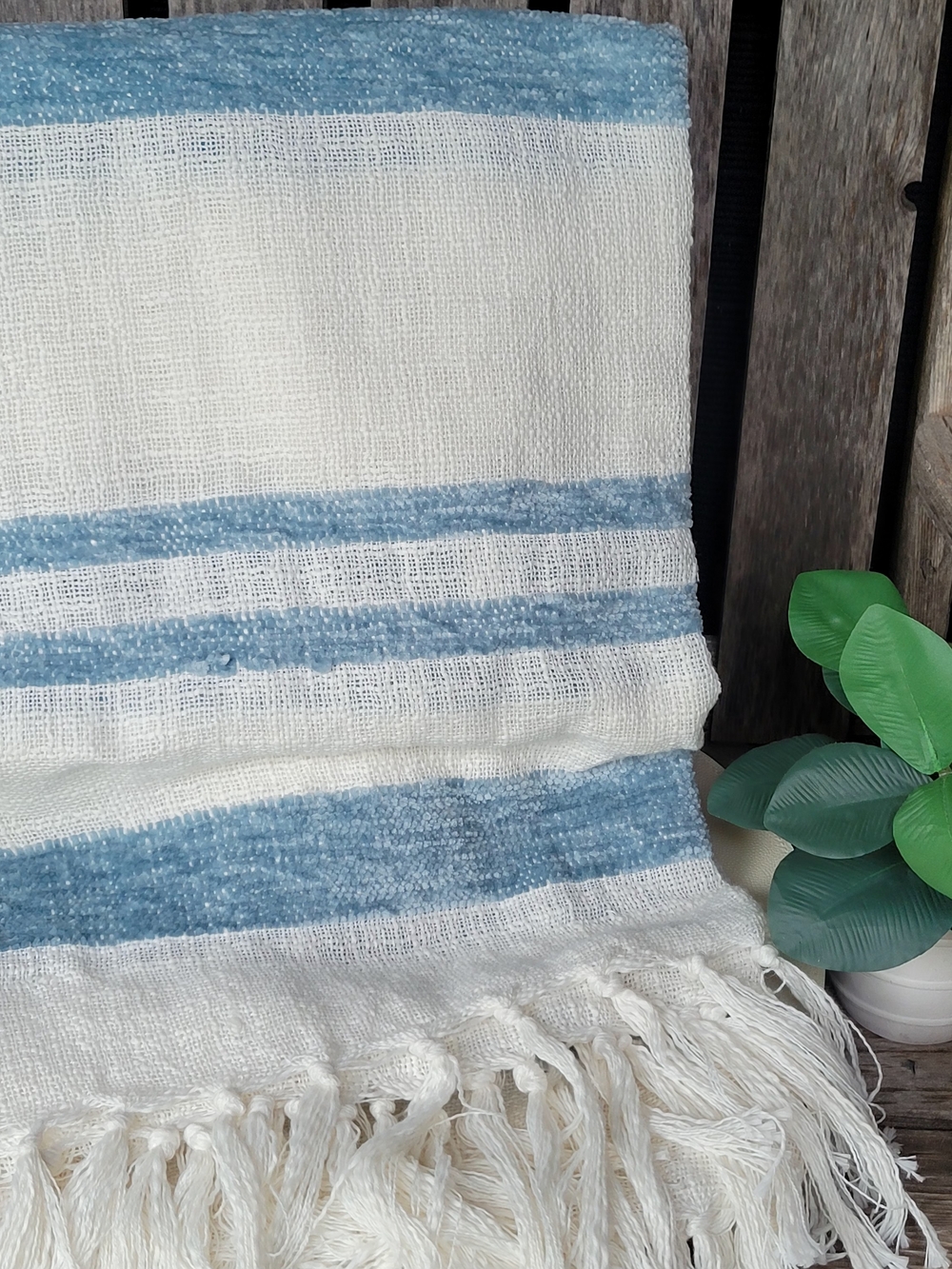 Coastal Blue Chenille & White Gauze Stripe Cotton Throw with Fringe Tassels